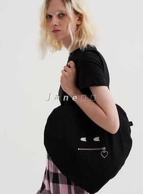 lazyoaf褶边刺绣帆布包手提包环保购物袋学生包黑色爱心包女包