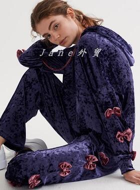 lazyoa2020年春季新品丝绒蝴蝶结卫衣套装女港风复古街拍微胖显瘦
