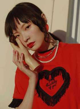 lazy oaf特大码宽松可纯棉爱心流苏边宽松红色时尚长款短袖T恤女