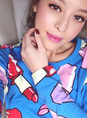 lazy oaf英国单时尚百搭显瘦口红印花短款肚脐装蓝色长袖T恤包邮