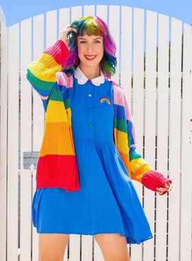 lazy oaf 2019新款彩虹绣花宽松娃娃领天蓝色韩版短袖内搭连衣裙