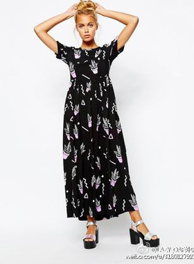 lazy oaf新品及脚裸仙人掌盆栽印花黑色修身长裙长款连衣裙