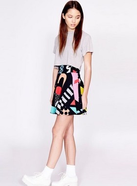 lazy oaf新品高腰后拉链个性几何印花黑色百褶裙半身裙顺丰