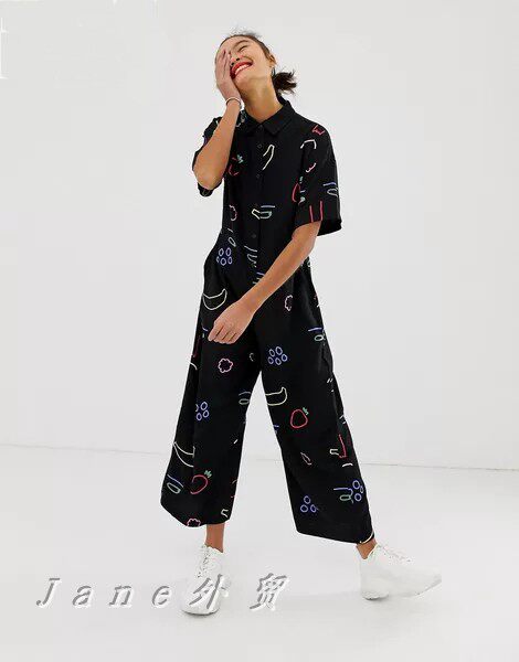 lazy oaf夏秋季新款时尚潮流涂鸦翻领单排扣黑色短袖连衣裤连体衣