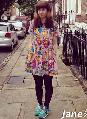 英国lazy oaf 可爱卡通加菲猫时尚彩色短袖圆领娃娃裙连衣裙中裙