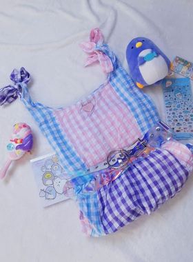 lazy oaf夏季新款时尚撞色甜美拼接蝴蝶结格子绑带高腰吊带连衣裙