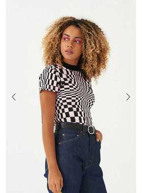 lazy oaf英国潮牌千格鸟不规则黑粉方块时尚修身显瘦爱心短袖T恤