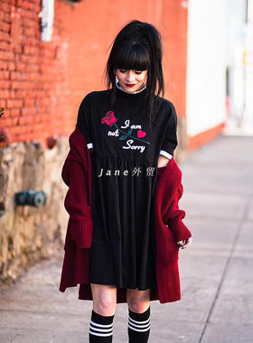 LazyOaf2020新款复古女仙仙气气质小立领大码宽松显瘦黑连衣裙