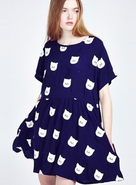 lazy oaf新品热卖英国可爱猫咪印花圆领深蓝色纯棉短袖连衣裙