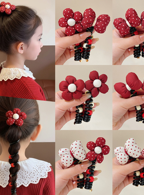 儿童编发神器新年红色泡泡辫头绳2026新款女童电话线发圈发绳头饰