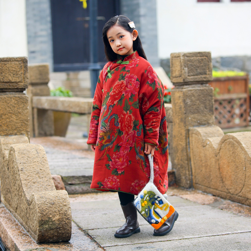 中式复古风亲子装东北花布水洗冬装棉袄拜年服女装棉袍女童棉旗袍