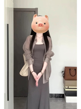 法式灰色吊带连衣裙外搭开衫配裙子一整套高级感衬衫两件套装早秋