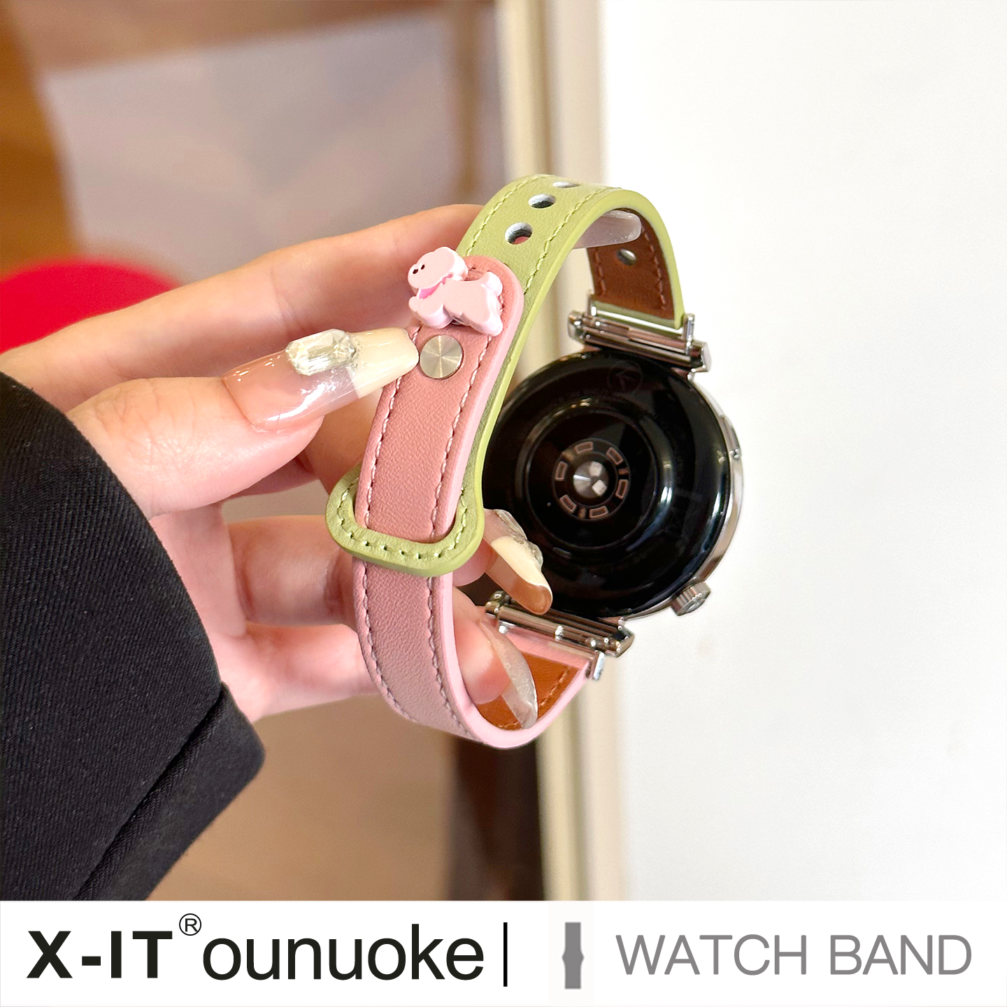 xit适用于华为智能gt5手表gt4表带新款gt3拼色watch4pro创意粉拼芭乐色立体小狗GT6双钉扣watch3真皮荣耀4pro