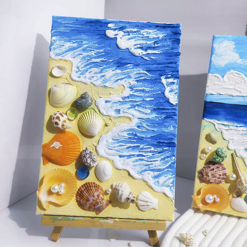 珍珠海滩大海贝壳肌理画diy材料包 海螺石英砂画手工立体生日礼物