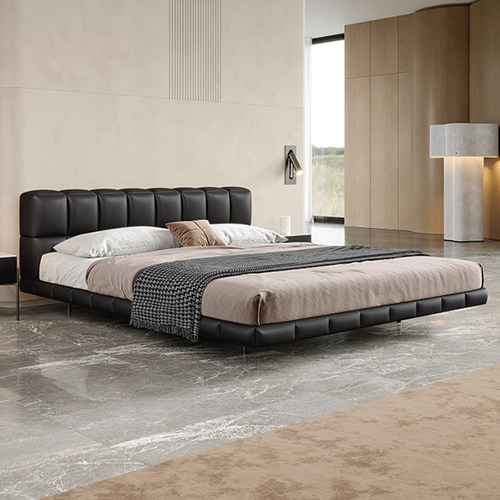 现代简约悬浮床真皮卧室黑色极简