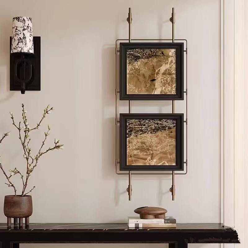侘寂风复古高级感装饰画金属杆氛围壁灯两幅画酒店餐厅吊杆挂画图片