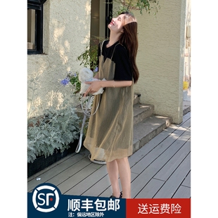 韓系設(shè)計(jì)感拼色連衣裙女2025夏季 氣質(zhì)顯瘦拼接假兩件裙子 時(shí)尚 新款