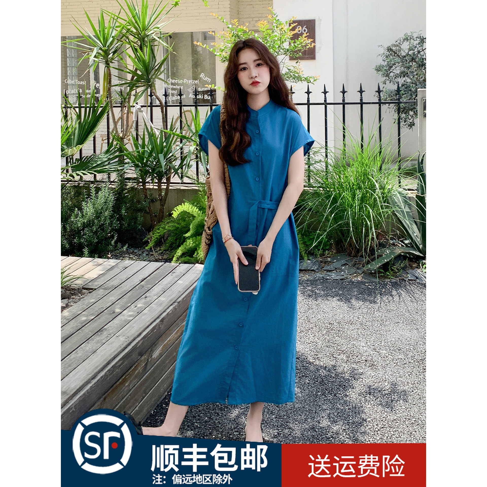 蓝色慵懒风休闲连衣裙女2025年夏季新款气质大方得体穿搭衬衫长裙