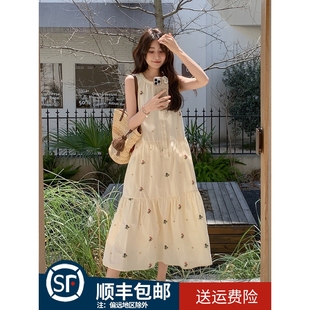 背心裙 法式 刺绣碎花连衣裙女2025夏季 新款 气质甜美减龄度假风无袖