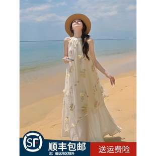 法式 海邊度假白月光初戀裙 新款 絕美網(wǎng)紗刺繡掛脖連衣裙女2025夏季