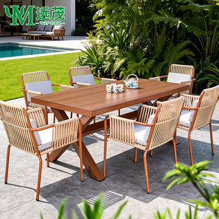 远茂户外木纹藤编桌椅套装别墅花园休闲仿实木桌椅组合庭院家具