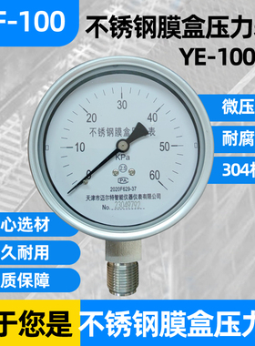 不锈钢膜盒压力表YE-100BF 0-10/16/25/40/60KPA天然气千帕微压表