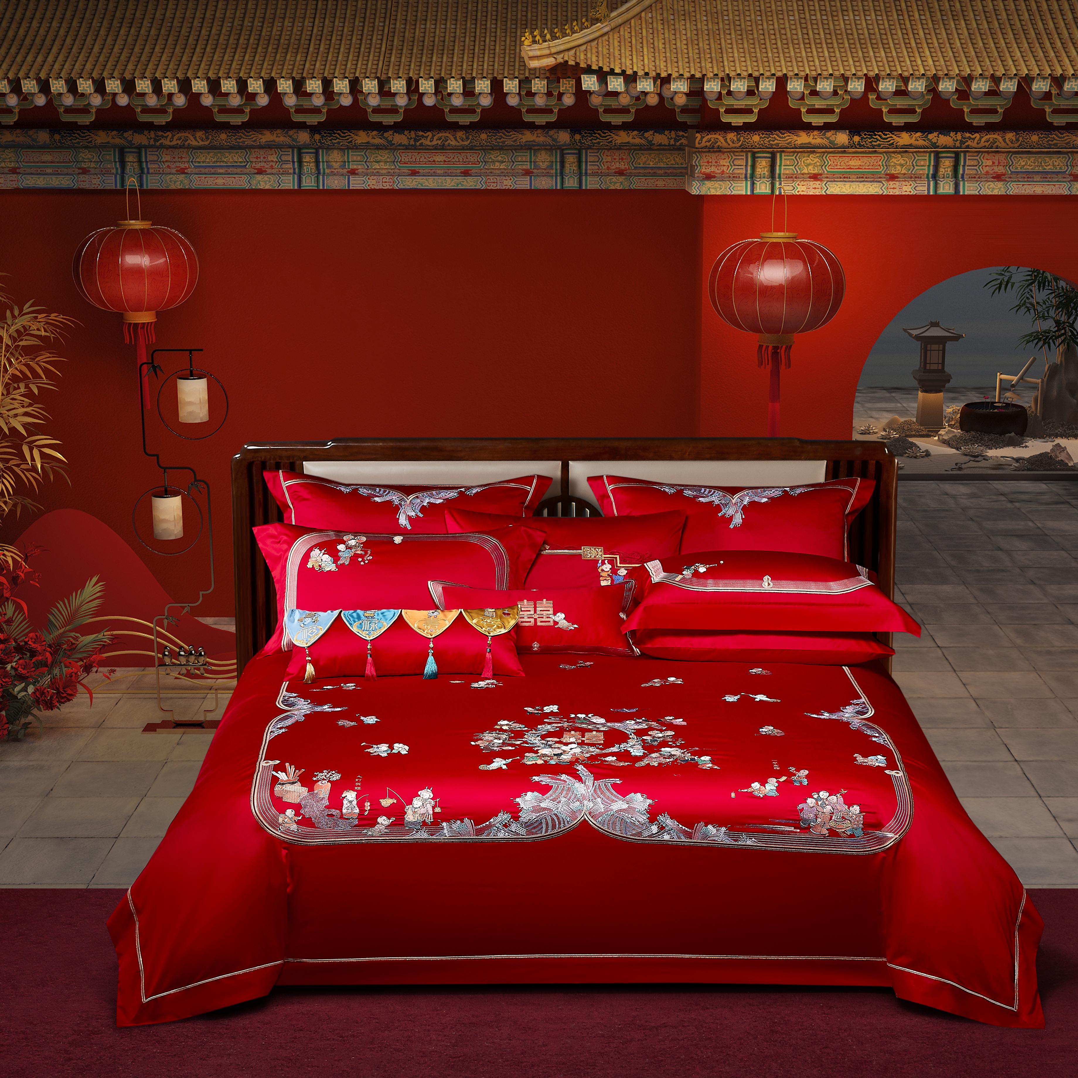 晋帛家纺大红婚庆绣花六件套百子百福