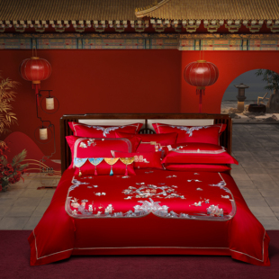 晋帛家纺大红婚庆绣花六件套百子百福