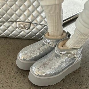 断码清仓诗歌兰女鞋亮片雪地靴女2025冬新款厚底加绒加厚保暖棉鞋