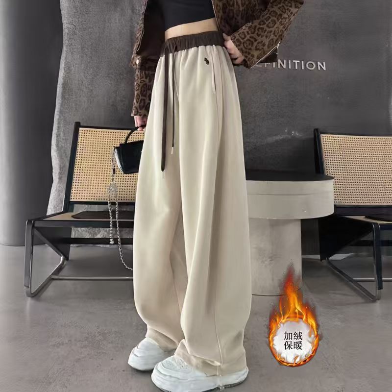 韩系小马刺绣拼色两穿束脚阔腿裤女冬季加绒宽松百搭镰刀休闲裤子