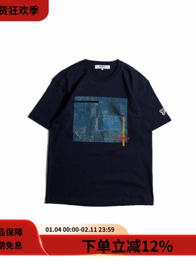 FDMTL 24FW BORO TEE复古藏青色刺子绣印花纯棉宽松圆领短袖T恤