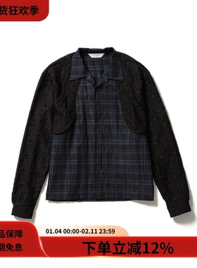 #HPT#Sasquatchfabrix 21SS针织花边披肩式拼接蓝色格纹长袖衬衫