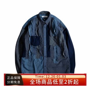 25FW 衬衫 OBI SHIRT复古靛蓝色条纹拼布宽松长袖 STRIPE FDMTL