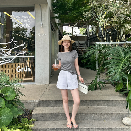Rouqiu肉球小个子 高腰休闲宽松天丝亚麻短裤