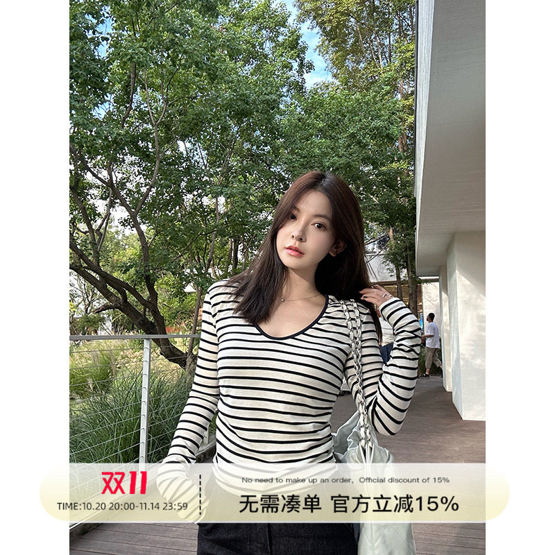 Rouqiu肉球小个子 2025新款V领长袖休闲百搭时尚条纹收腰T恤上衣