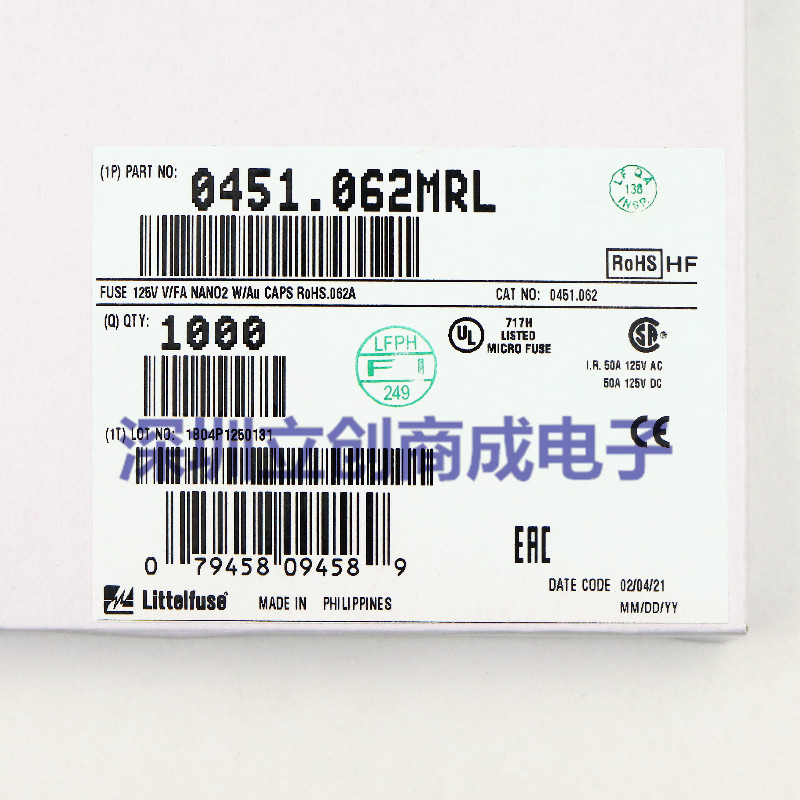 0451.062MRL  1808 LF 62mA 0.062A 125V 贴片保险丝管 原装力特