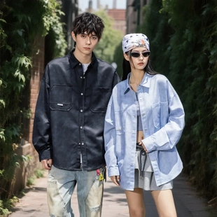 老万同学秋季新款休闲翻领长袖衬衫男女款潮牌大口袋工装外套GSG