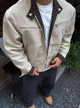 IWTFF高街卡其色美式复古格子夹克男款春秋季帆布古着休闲痞帅男