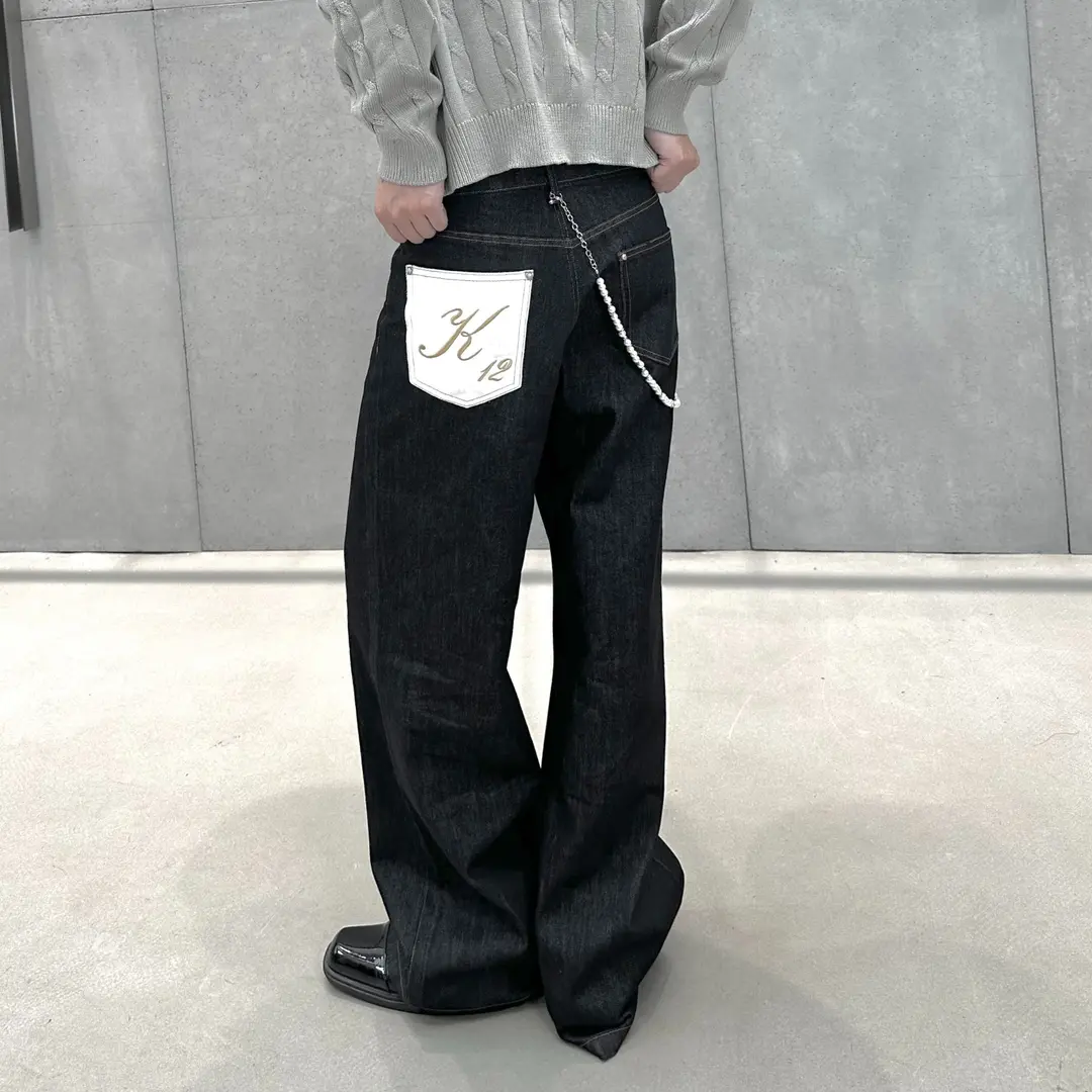 K12 25马毛冈山原牛不掉色洗水牛仔裤直筒baggy长裤