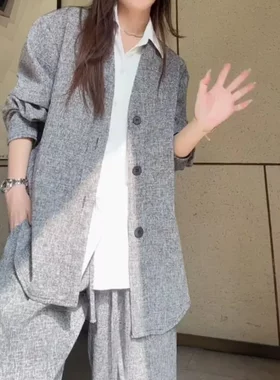 春秋季新款时尚套装老钱风时尚不规则西服上衣+阔腿裤套装男女潮