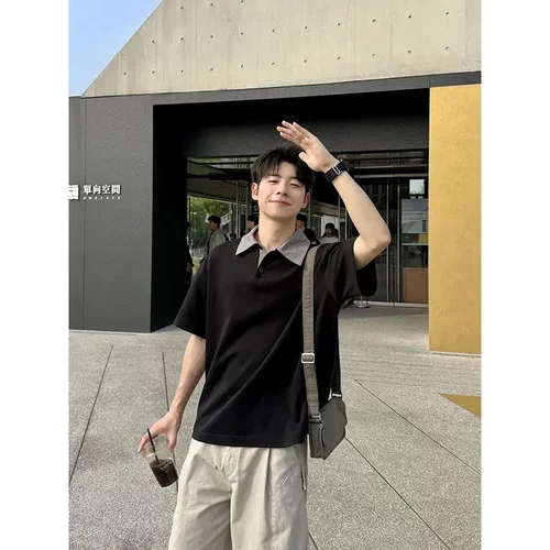 暗物质DarkMatter撞色Polo衫拼接翻领polo短袖夏季复古宽松半袖男