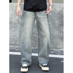 SHAPOES 百搭直筒宽松显瘦牛仔裤 Ay美式 复古弯刀做旧蓝牛弯刀时尚