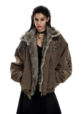 0123start 毛领座山雕棉服外套女十字架加绒加厚夹克冬季新款棉衣