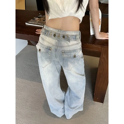 EAGiao美式复古后系扣设计感阔腿牛仔裤女夏季 XinFASHION浅蓝色
