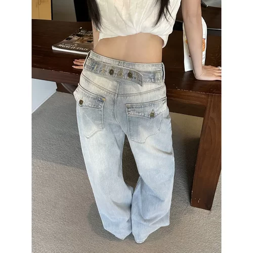 EAGiao美式复古后系扣设计感阔腿牛仔裤女夏季 XinFASHION浅蓝色