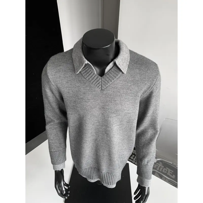 燕麦色假两件V领毛衣男秋冬高级感慵懒内搭针织polo衫老钱风外套