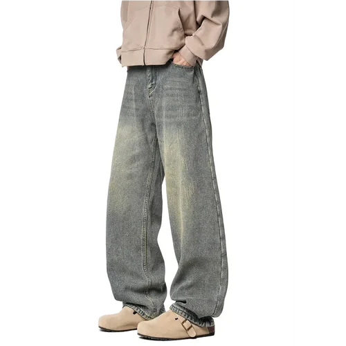 复古蓝做旧牛仔裤男款秋冬季美式高街潮流宽松直筒阔腿裤子潮cuwu