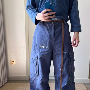 宽松阔腿baggy泼墨重磅长裤 裤 O法工蓝水洗做旧格纹贴布工装 NUR