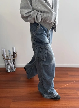 19studio WAYNEPRINCE 美式复古蓝色大口袋牛仔裤中腰直筒阔腿裤