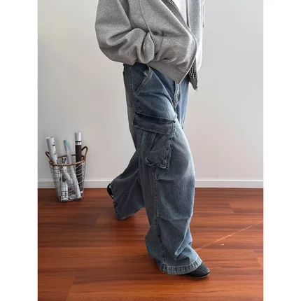 19studio WAYNEPRINCE 美式复古蓝色大口袋牛仔裤中腰直筒阔腿裤